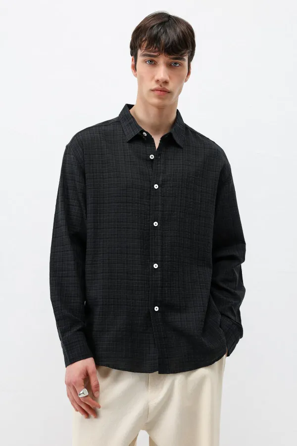 Textured Linen Look Oversize Shirt Black