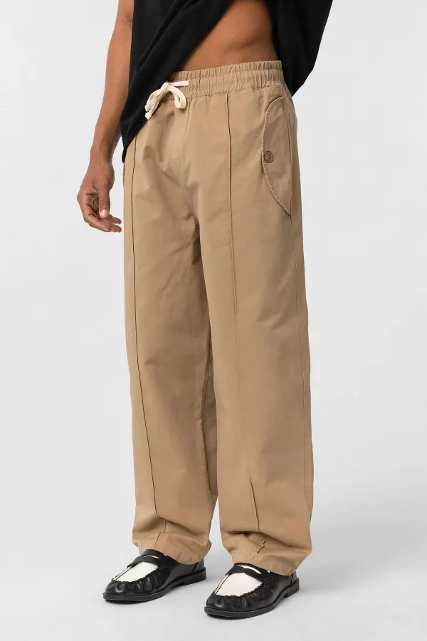 Pantalon ample en gabardine à lacets, beige