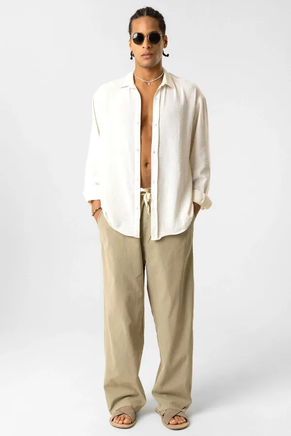 Bel Lastikli Baggy Fit Keten Pantolon Açık Haki