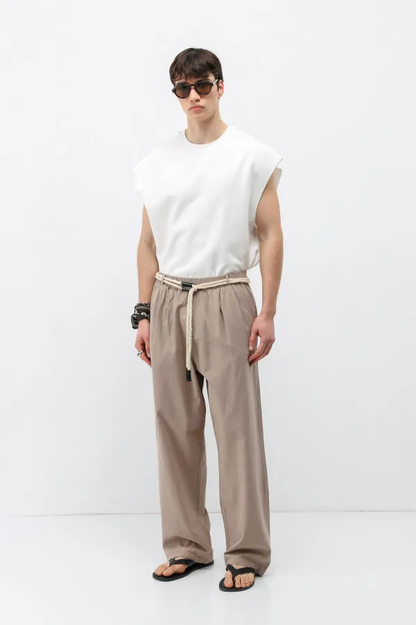 Oversize Linen Trousers with Belt Detail (Stone)
