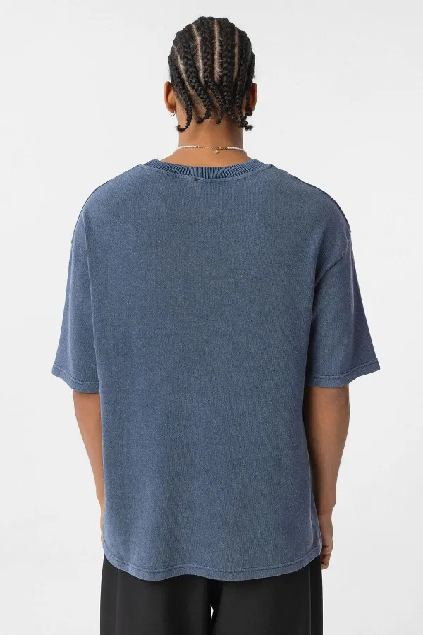 Yıkamalı Oversize Baskılı Tişört İndigo
