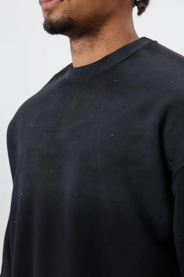 Yıkamalı Taş Detaylı Oversize Sweatshirt Siyah