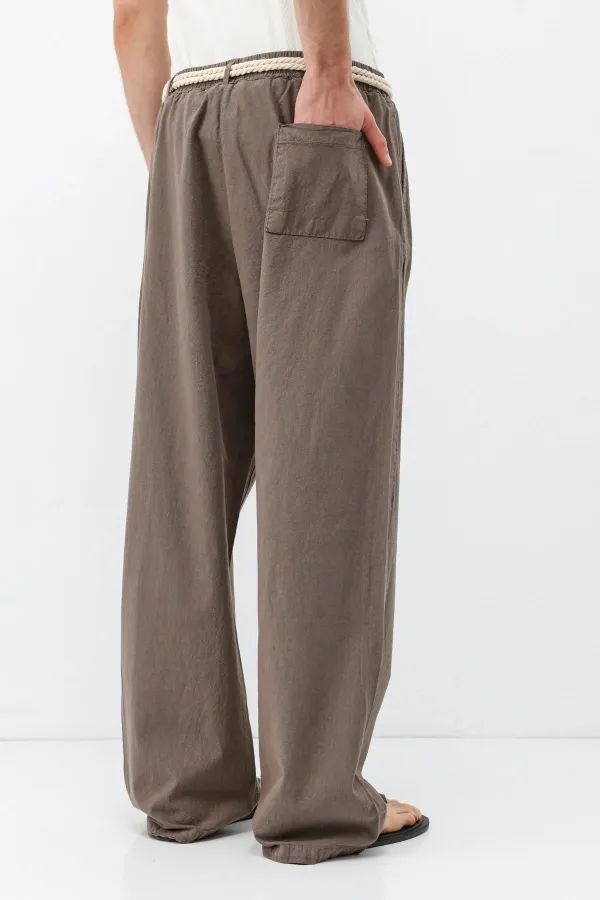 Kemer Detaylı Oversize Keten Pantolon Vizon
