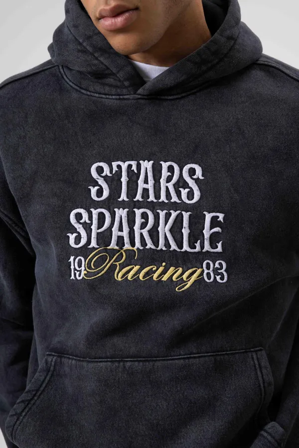 Oversize Nakış Baskılıkapüşonlu Sweatshirt Siyah