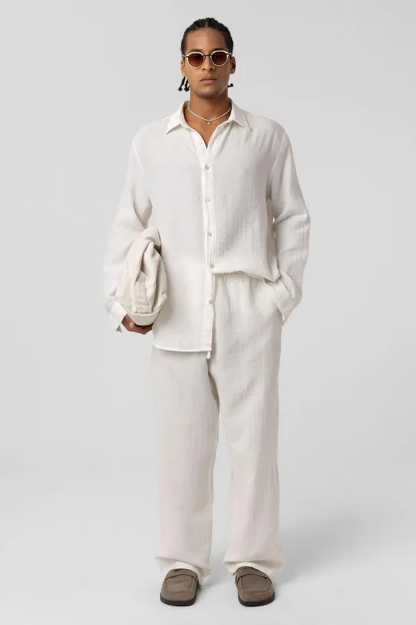 Baggy Fit Müslin Keten Pantolon Ekru