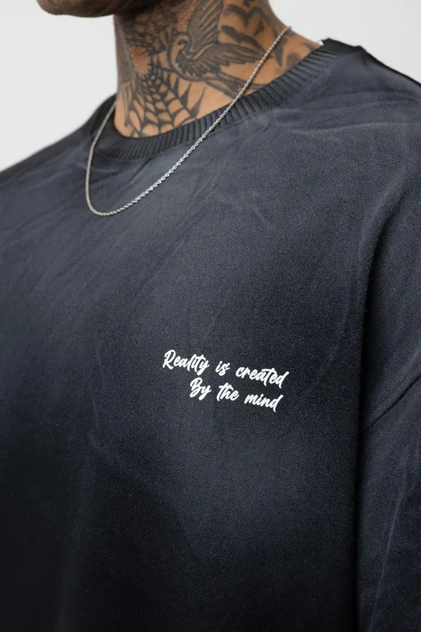 Yıkamalı Yazı Detaylı Oversize Tişört Siyah