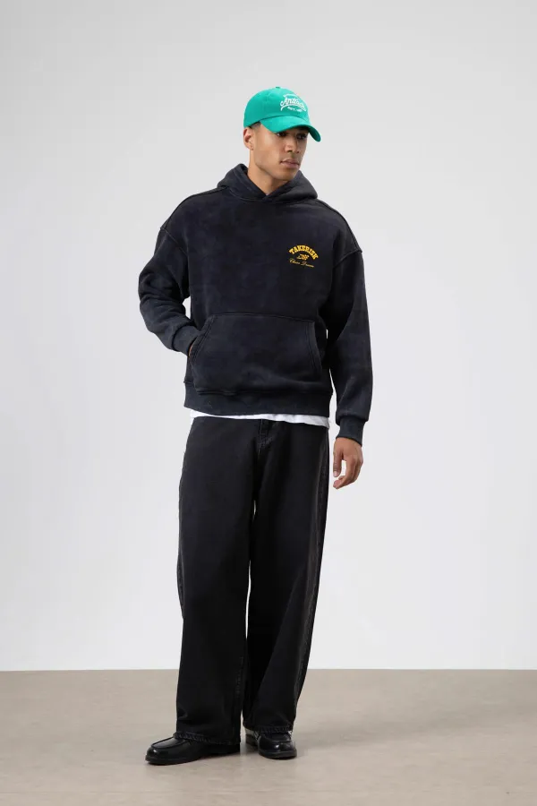 Sweat à capuche noir oversize délavé à coupe carrée