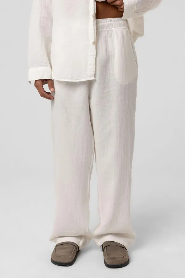 Baggy Fit Müslin Keten Pantolon Ekru