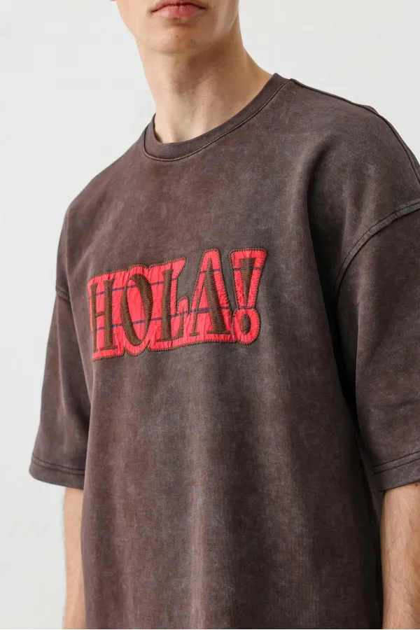 Yıkamalı Baskılı Oversize Tişört Kahve