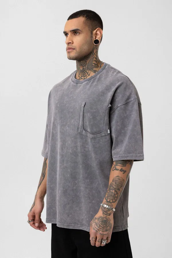 Yıkamalı Cep Detaylı Oversize Tişört Açık Füme