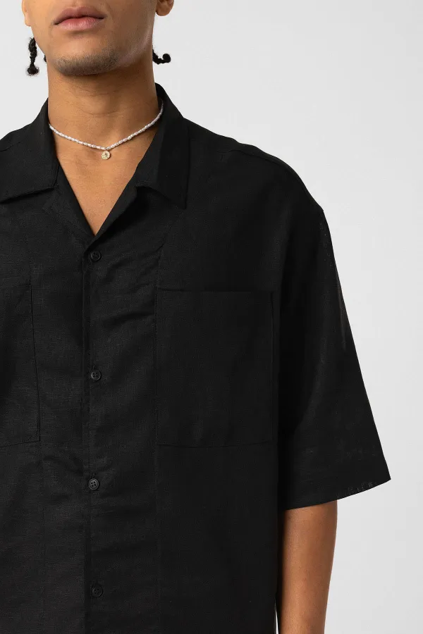 Çift Cepli Oversize Keten Gömlek Siyah