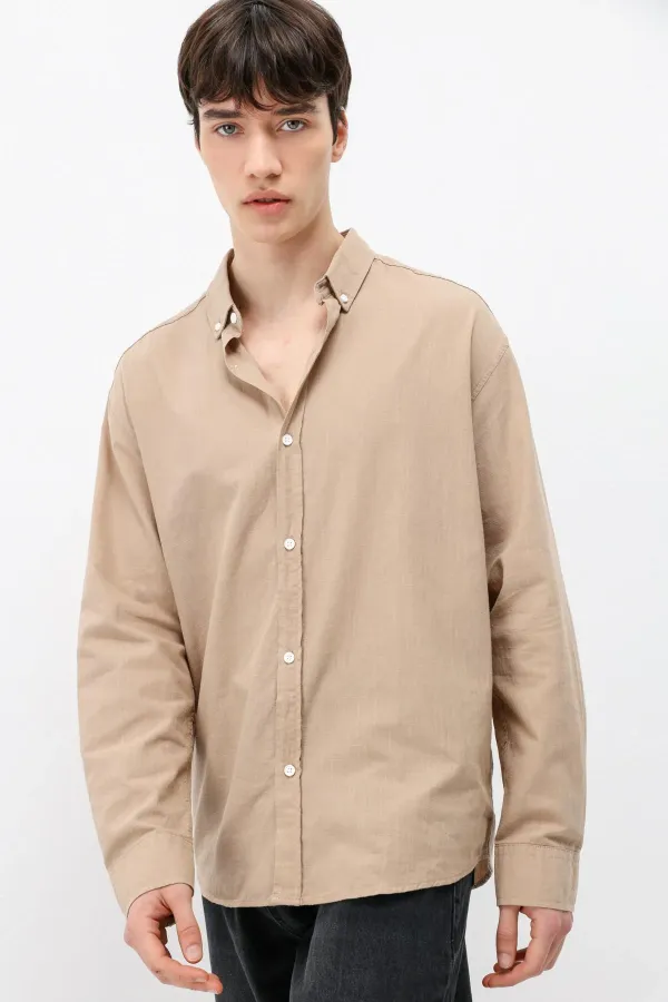 Basic Oversize Pamuk  Keten Gömlek Vizon