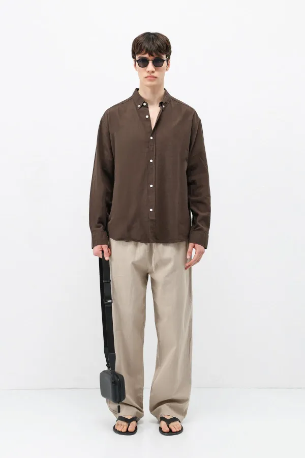Basic Oversize Pamuk  Keten Gömlek Kahve