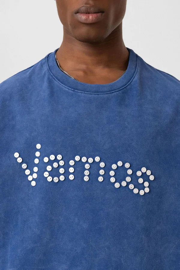 Yıkamalı Düğme Detaylı Oversize Tişört İndigo