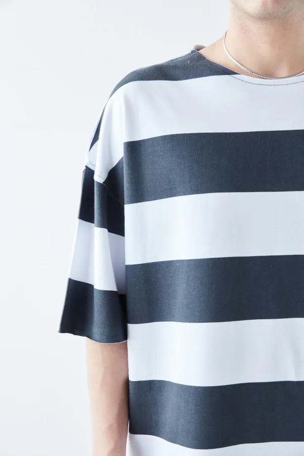 Digitally Printed Striped 100% Cotton Oversize T-Shirt, Dark Gray