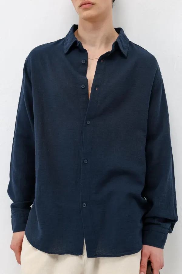 Uzun Kollu Basic Oversize Gömlek Lacivert