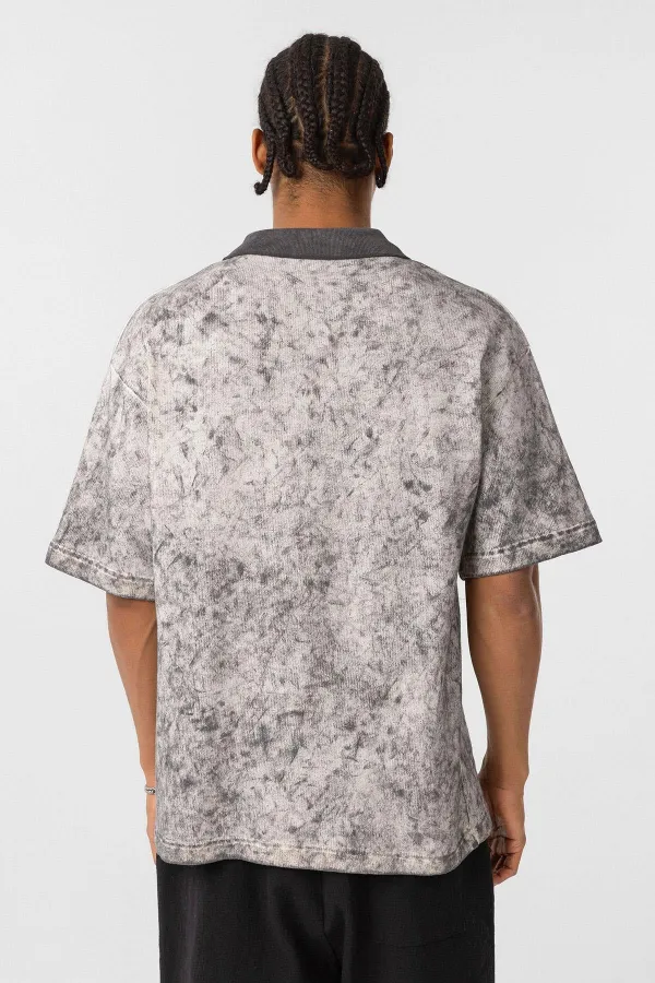 Yıkamalı Oversize Polo Yaka Tişört Siyah