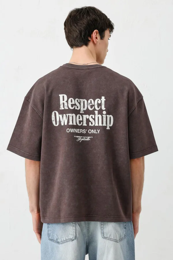 Kısa Kollu Boxy Fit Baskılı Tişört Kahve