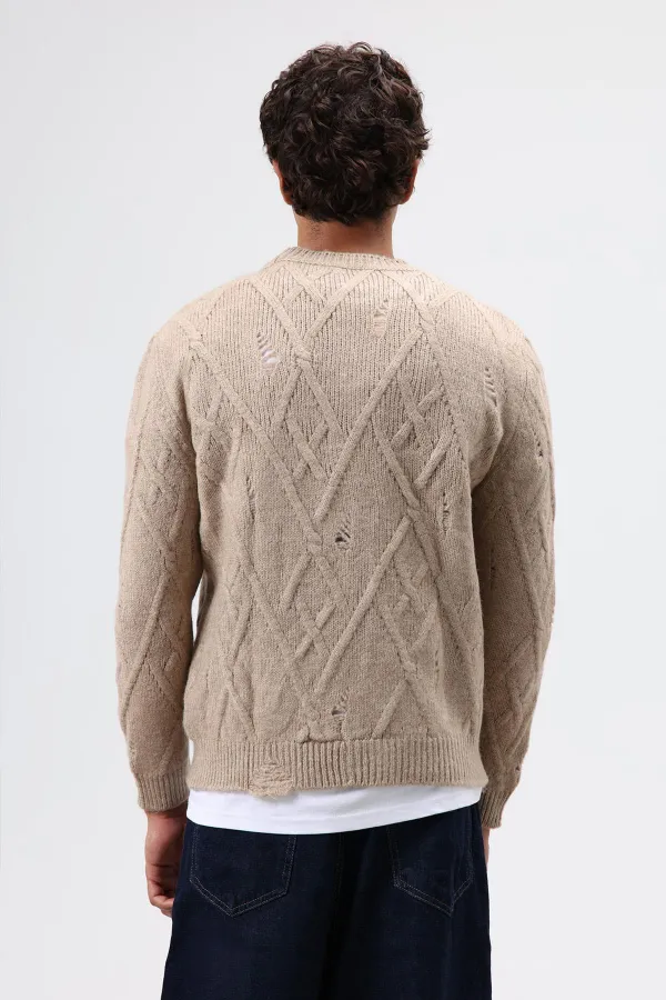 Oversize Patterned Knit Sweater, Beige
