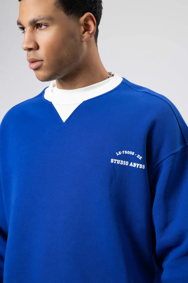 Oversize Bisiklet Yaka Baskılı Sweatshirt Saks