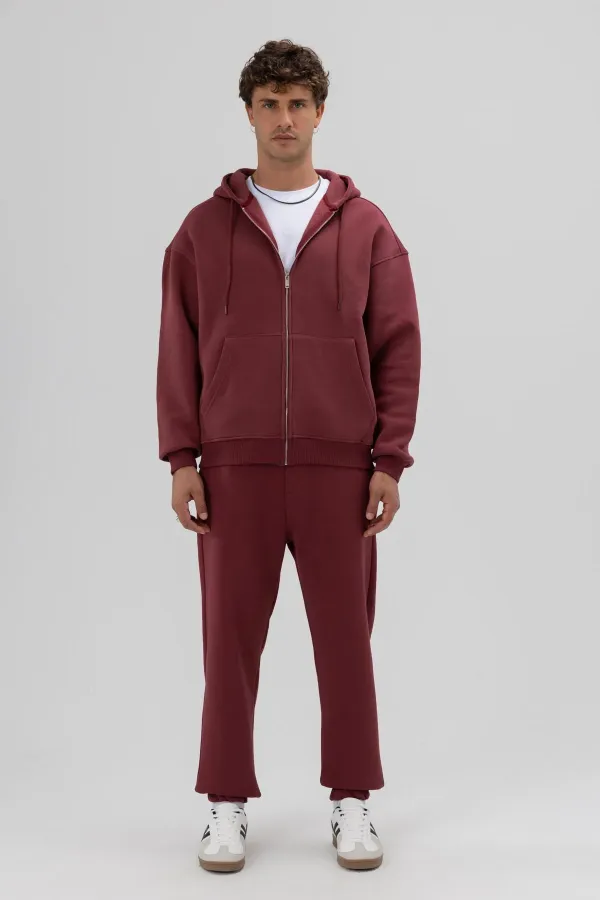 Basic Fermuarlı Oversize Kapüşonlu Sweatshirt Bordo