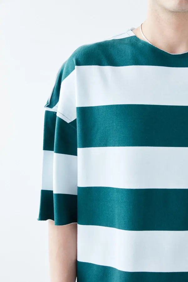 Dijital Baskılı Şeritli %100 Pamuk Oversize Tişört Petrol