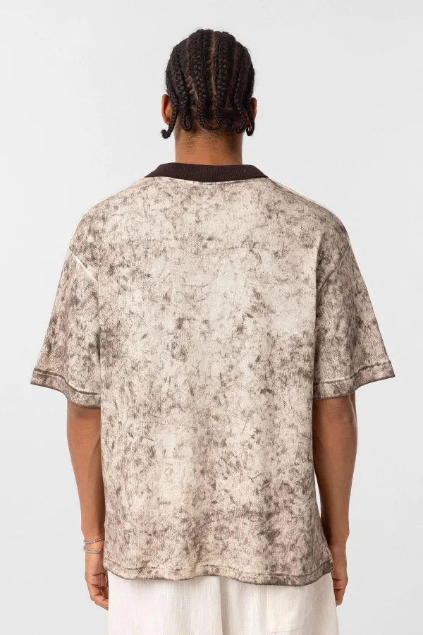 Yıkamalı Oversize Polo Yaka Tişört Kahve