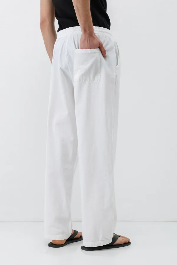 Bel Lastikli Baggy Fit Keten Pantolon Beyaz