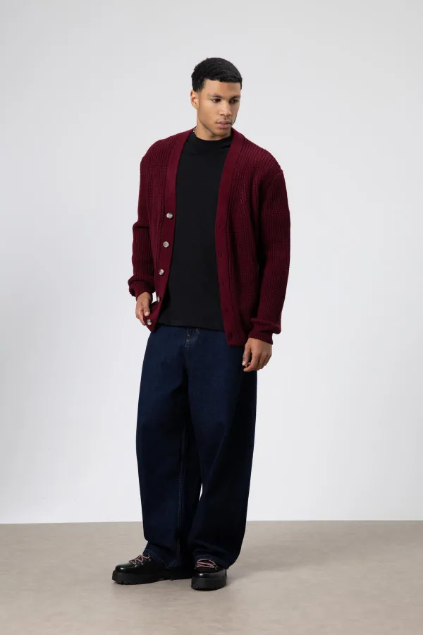 V Yaka Düğmeli Örgü Hırka Kazak Bordo