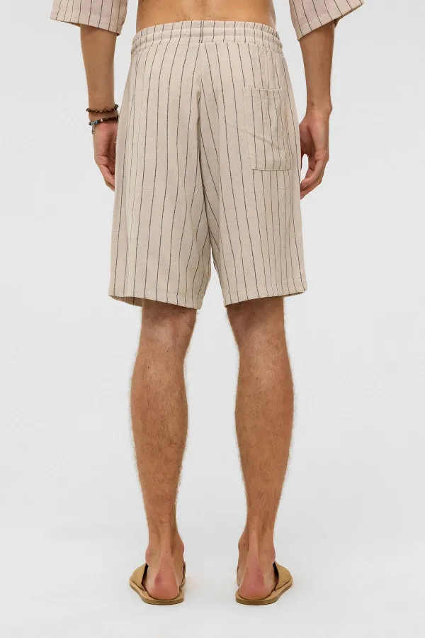 Oversize Çizgili Keten Şort Siyah