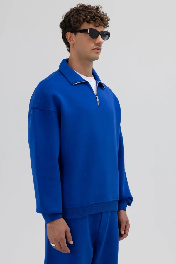 Oversize Fermuarlı Dik Yaka Sweatshirt Saks