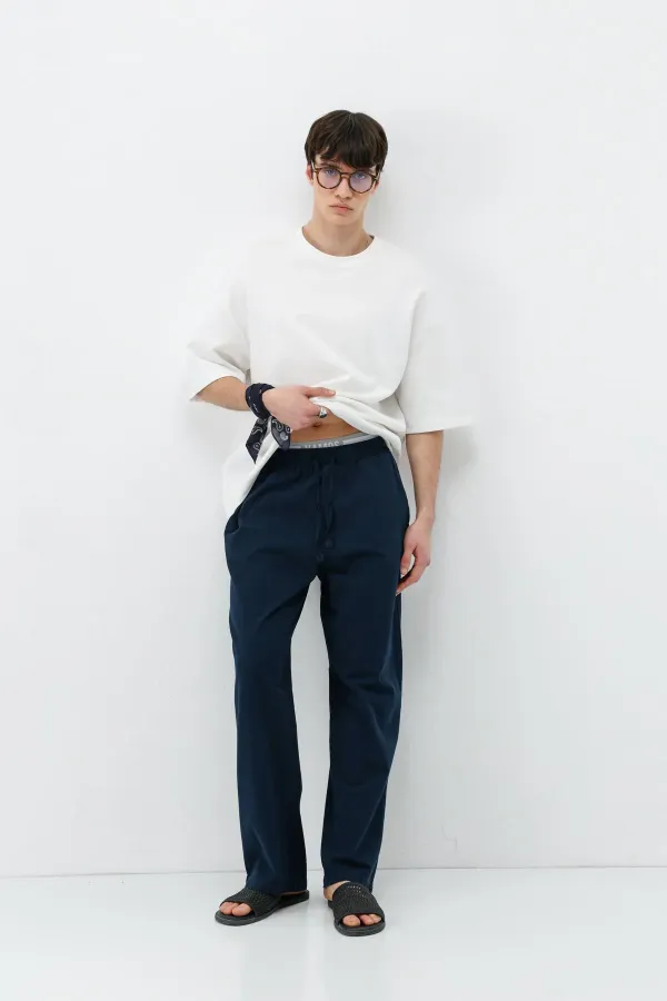 Bel Lastikli Baggy Fit Keten Pantolon Lacivert