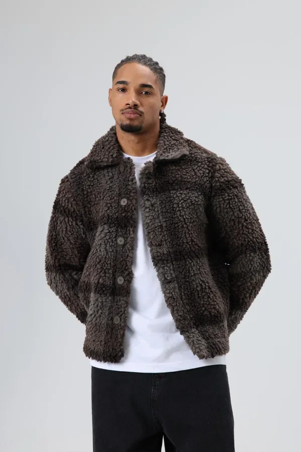 Oversize Peluş Ekose Ceket Kahve