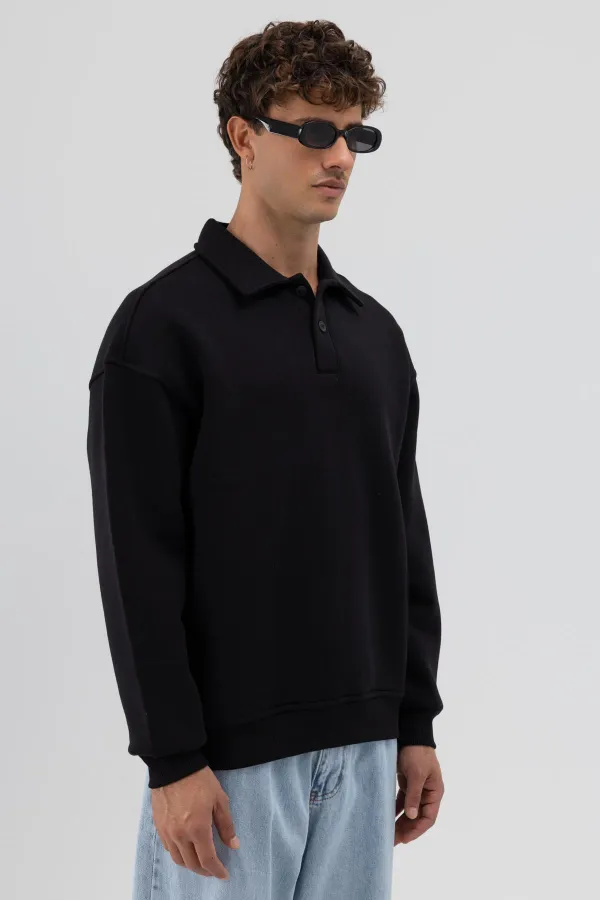 Basic Polo Yaka Sweatshirt Siyah