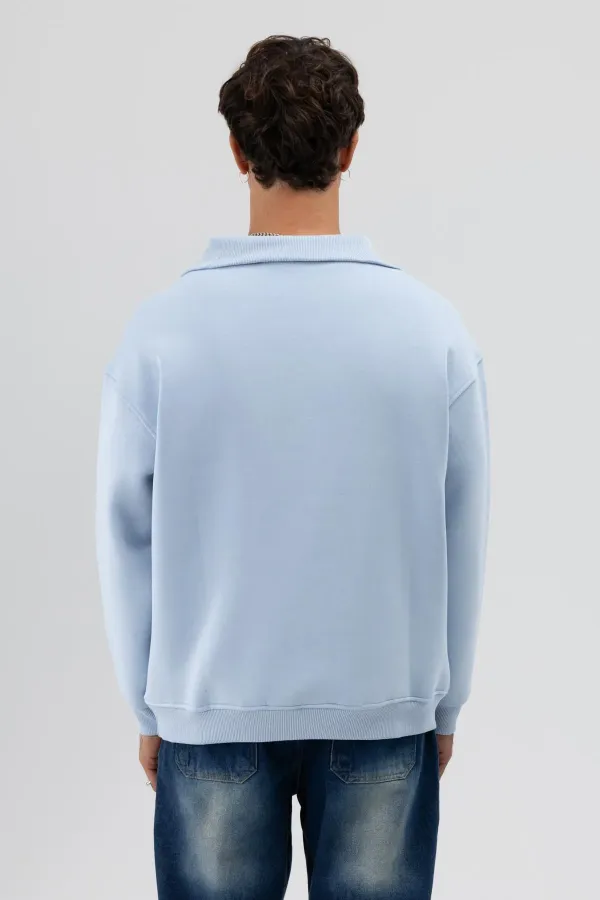 Basic Zip-Up Stand-Up Collar Sweatshirt Baby Blue