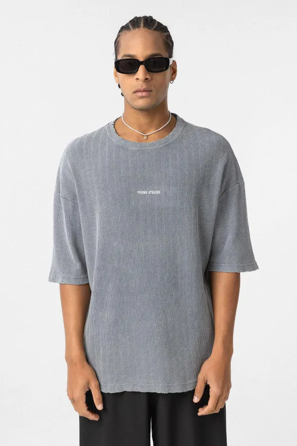 Yıkamalı Arka Baskılı Oversize Tişört Gri