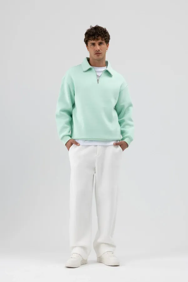 Sweat-shirt oversize à fermeture éclair et col montant, couleur menthe