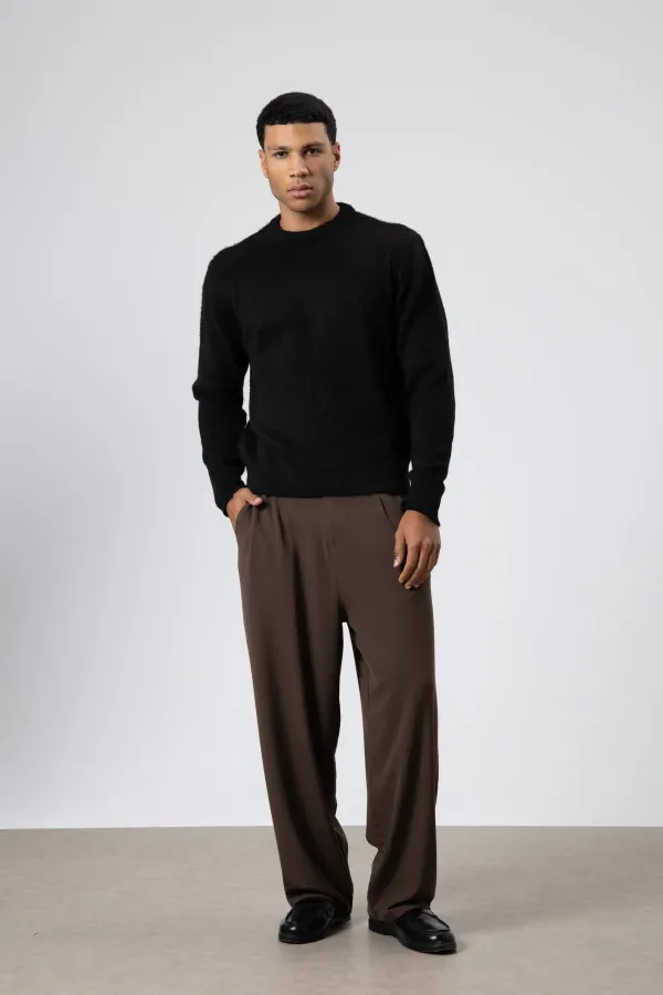 Oversize Soft Textured Crew Neck Sweater Black
