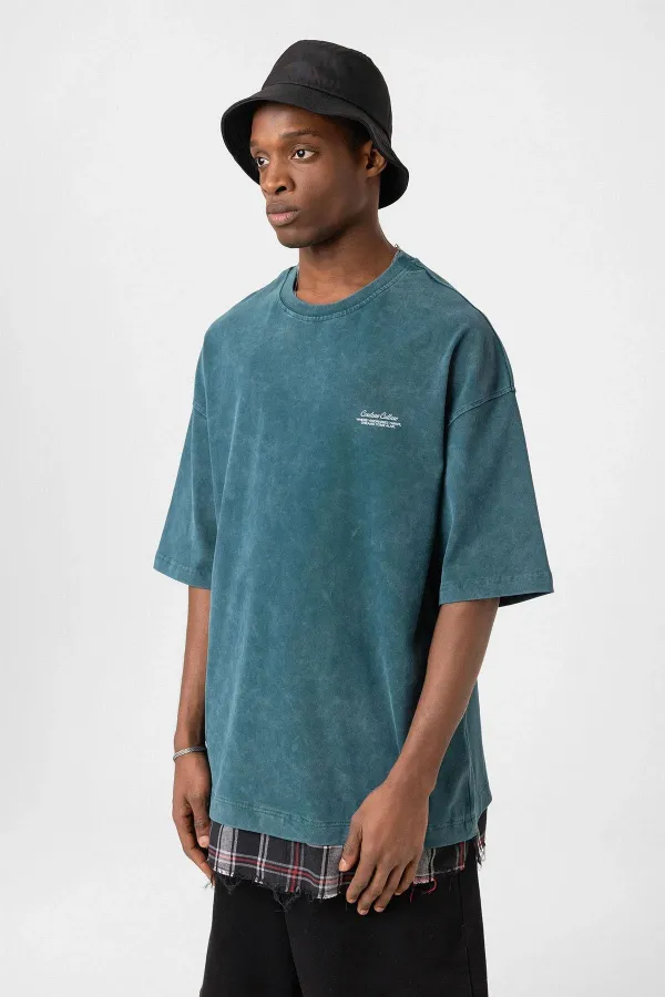 Washed Oversize Plaid Detail T-Shirt, Petrol
