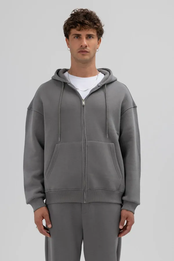 Sweat à capuche basique oversize zippé, gris foncé