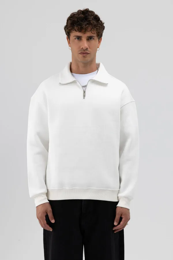 Oversize Zip-Up Stand-Up Collar Sweatshirt, Ecru