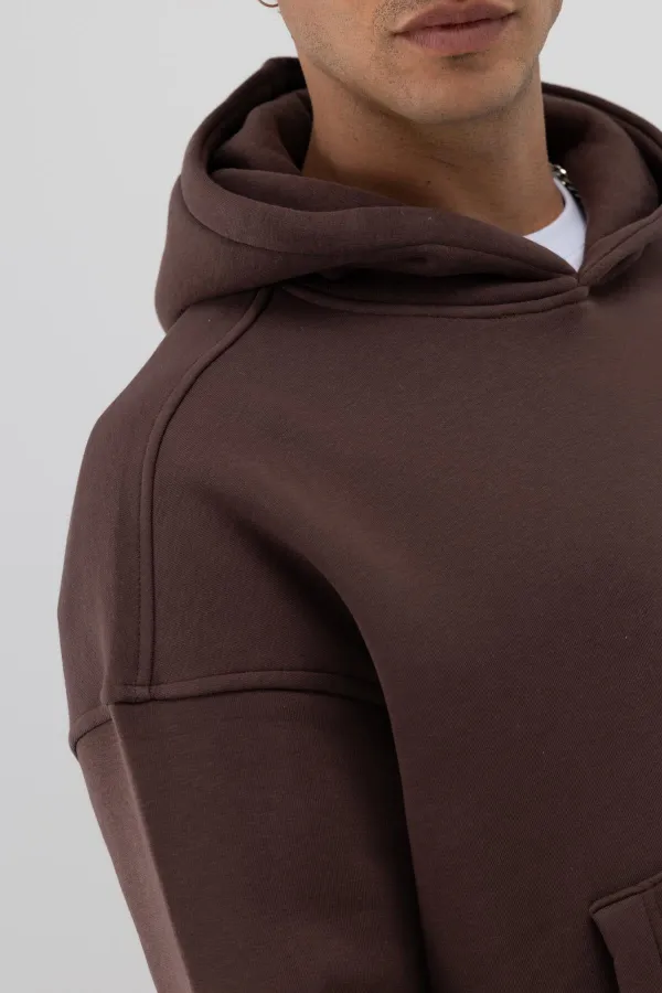 Basic Hooded Boxy Fit Sweatshirt Brown
