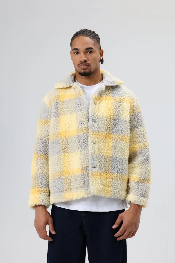 Veste oversize en peluche à carreaux jaune