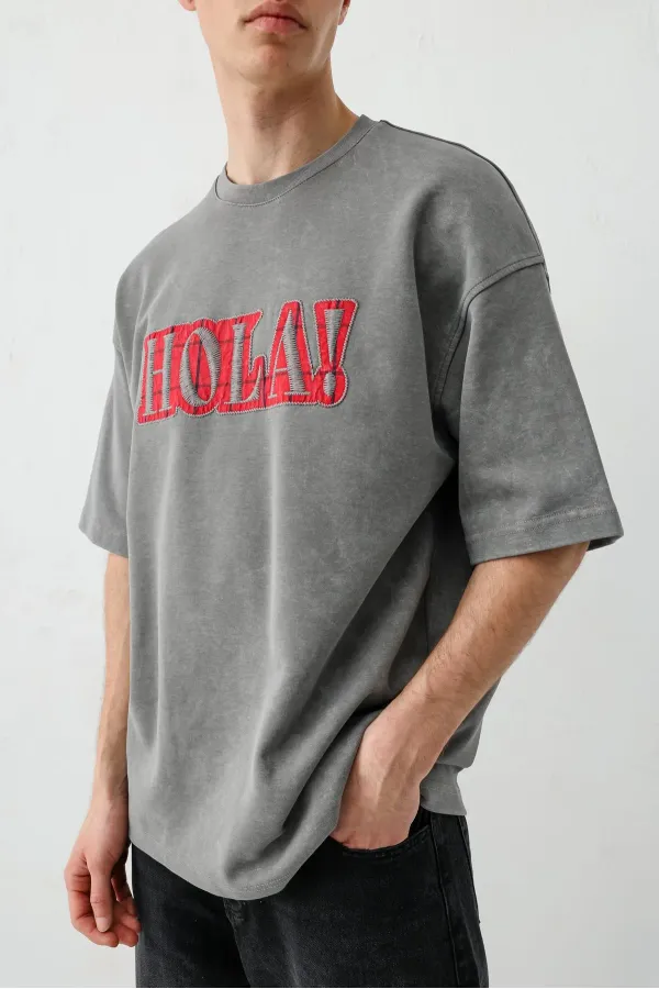 Yıkamalı Baskılı Oversize Tişört Füme
