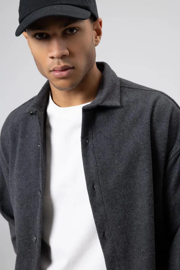 Dokulu Oversize Gömlek Ceket Antrasit