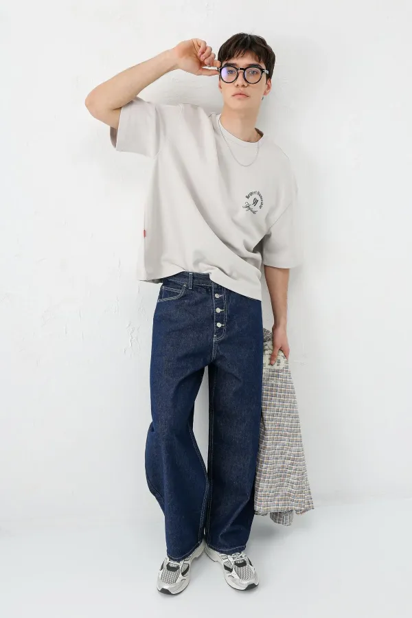 Kısa Kollu Boxy Fit Baskılı Tişört Ice Grı