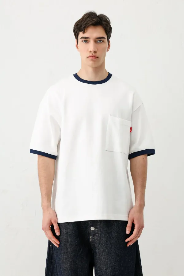 Kısa Kollu Oversize Cepli Tişört Ekru