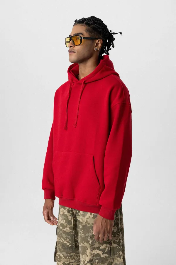 Sweat à capuche oversize basique avec poche, rouge