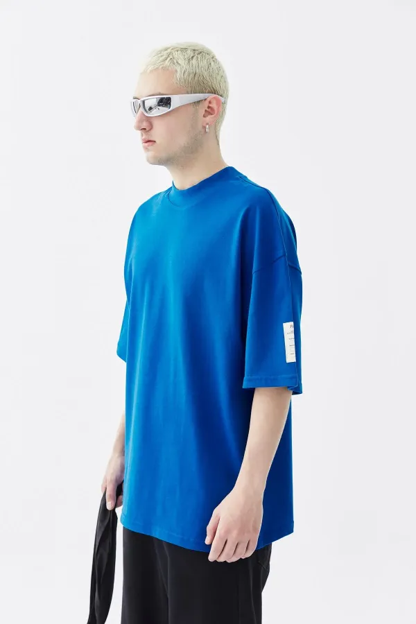 Balıkçı Yaka Etiket Detaylı Oversize Tişört - Açık Füme Saks