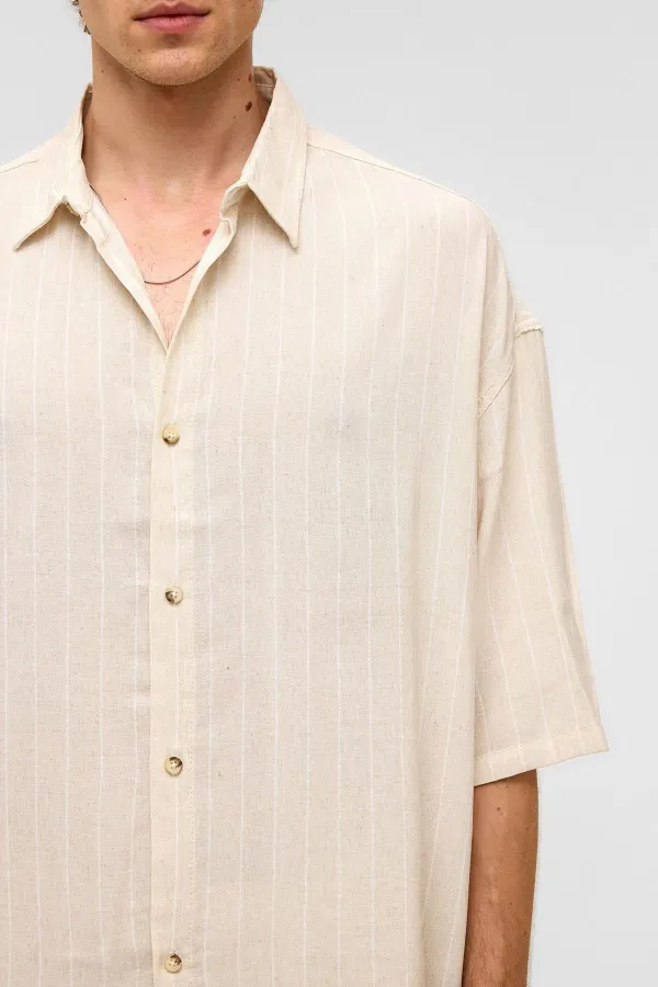 Oversize Çizgili Kısa Kollu Keten Gömlek Beyaz